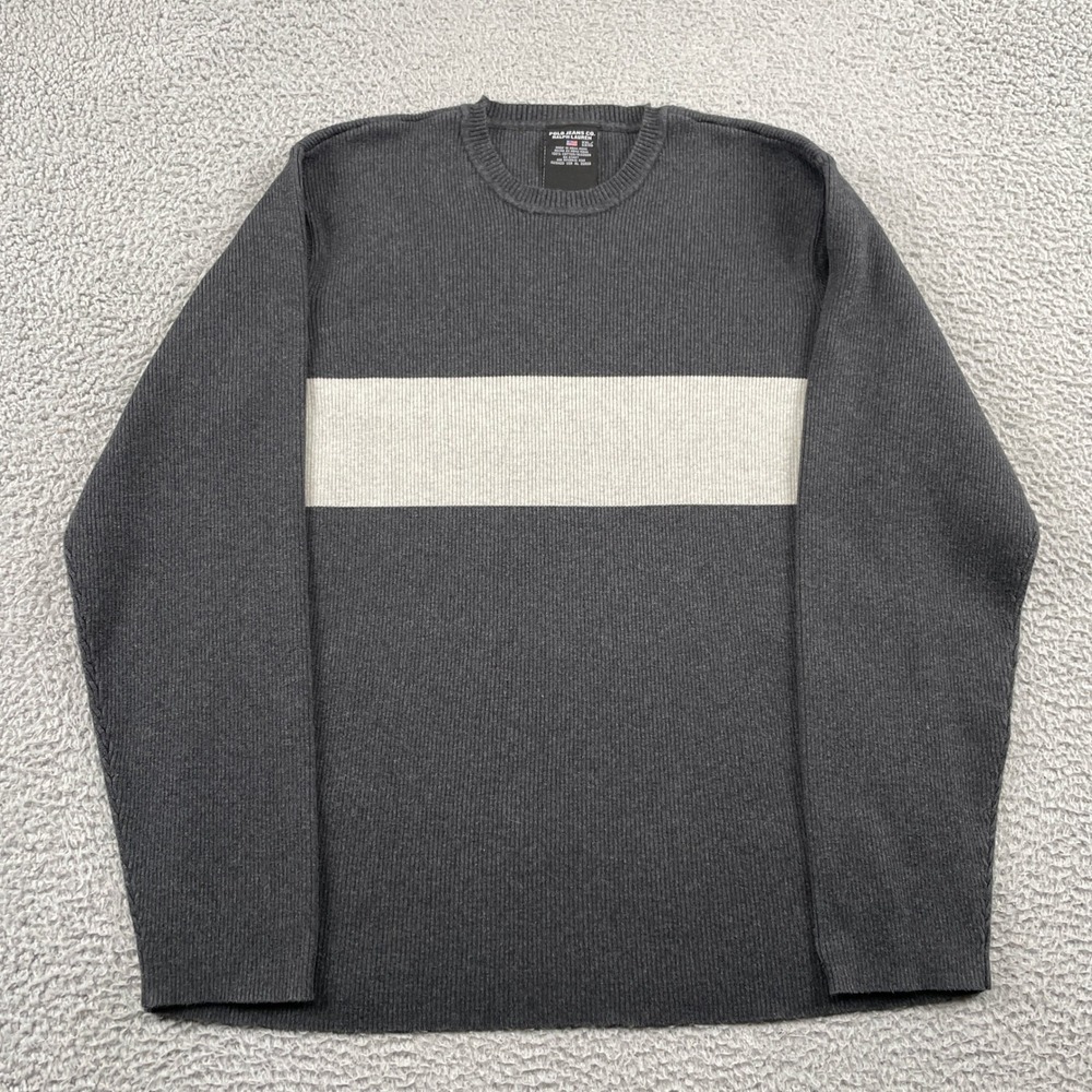 Polo Jeans Co Ralph Lauren Sweater Mens XXL Gray White Stripe Cotton Ribbed Knit